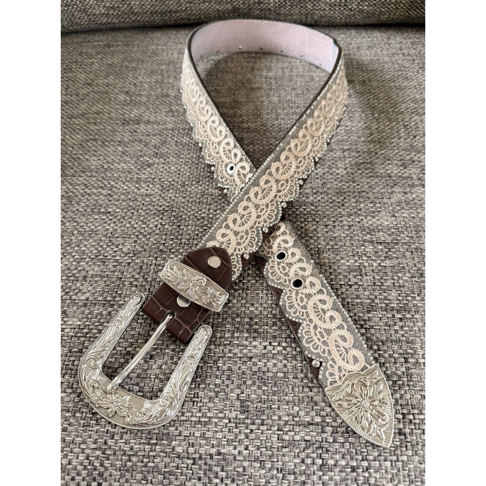 Women's Western Belt Brown Beige w/ Silver Floral Buckle Studded Adjustable 38"